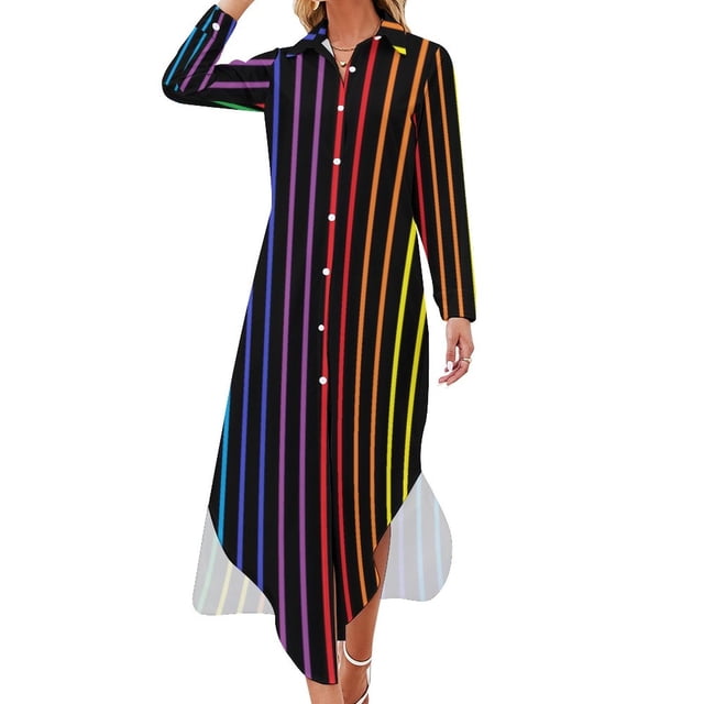 Robe Décontractée à Rayures Imprimé Drapeau de la Fierté Robes Esthétiques Manches Longues Mignonnes Col en V Imprimé Oversize Robe en Chiffon