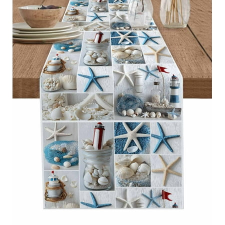 

Starfish Table Runner Ocean Shell Coastal Nautical Flag Light-house Tablerunners 13 x 48 Inch Table Decorations Tabletop Scarf for Summer Gathering Holiday Farmhouse Kitchen Dining Decor