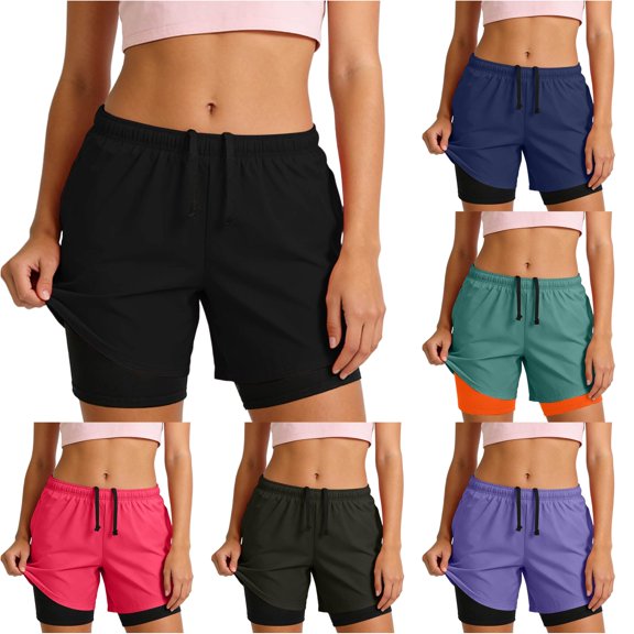 CAIVO Women Running Shorts With Built In Liner Chafing Workout Athletic Shorts For Outdoor Sports Yoga Gym Relaxed Fit Summer Casual Solid Color Bottoms