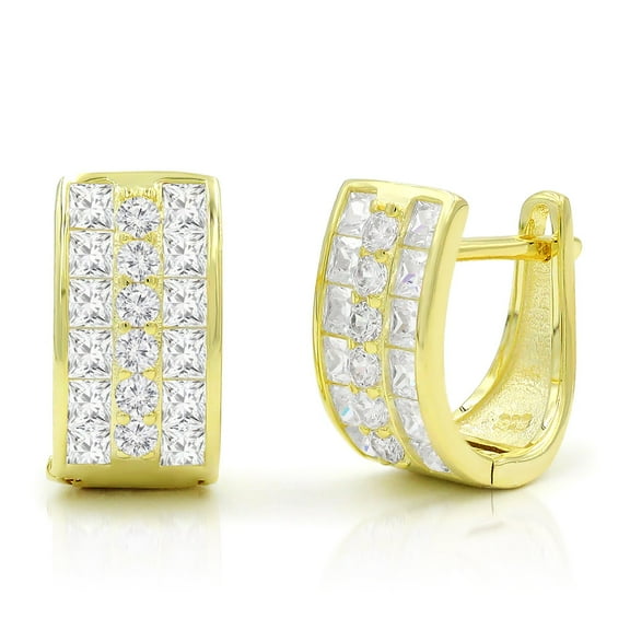 925 Sterling Silver Gold Plated 3 Row Princess Cut Huggie Earrings, Giorgio Bergamo