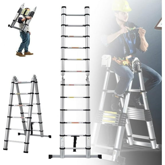 12.5FT A-Frame Telescopic Ladder with Balance Bar, Aluminum Lightweight Extension Ladder, Multi-Purpose Folding Ladder, RV Collapsible Ladder for Household, Outdoor 330lbs Capacity
