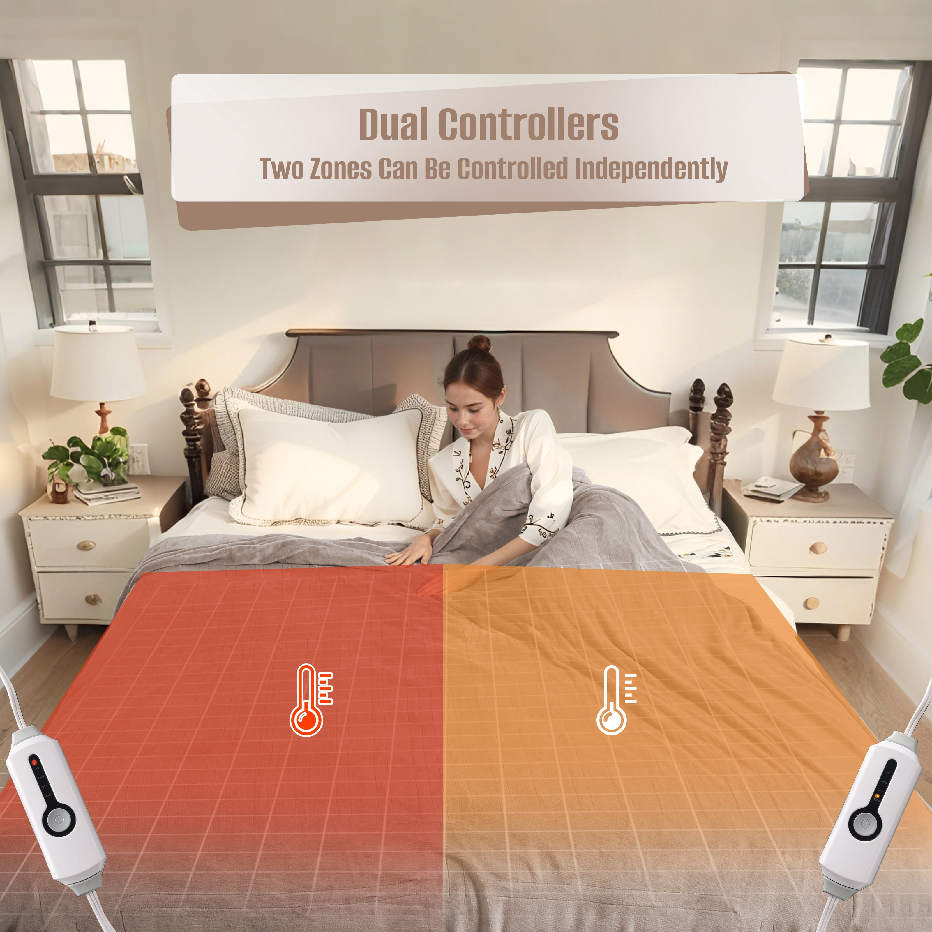 YAKEE Electric Heated Blanket 90"x100" King Size with Dual Control, 4 Heat Levels, 10-Hour Auto-off, Soft Coral Fleece, Overheat Protection, Brown