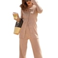 thumbnail image 3 of TRKIYQC Conjunto de 2 piezas de punto a juego para mujer, camisa abotonada de manga larga con solapa de color sólido + conjunto de pantalones largos para mujer TRKIYQC moda, 3 of 9
