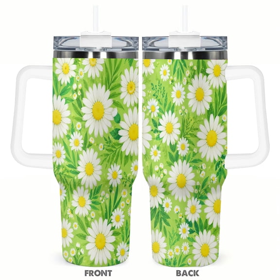 40oz Daisy Floral Tumbler with Handle and Straw Stainless Steel Insulated Car Cup Travel Coffee Cup Gift for Women