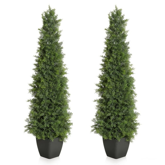 Artificial Cedar Topiary Trees 4ft 2 Pack,Outdoor Indoor Faux Pine Shrubs Plants,Maintenance-Free Artificial Trees for Front Door, Porch, Garden & Home Décor