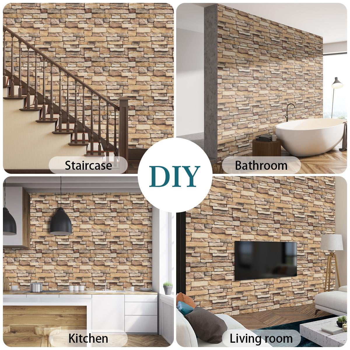 Arthome Rock Wallpaper Peel and Stick 17''x120'' Self Adhesive Contact Paper Waterproof Stone Brick Vinyl Film Wall Paper for Bedroom Living Room Fireplace Backsplash Wall Covering（Brown）