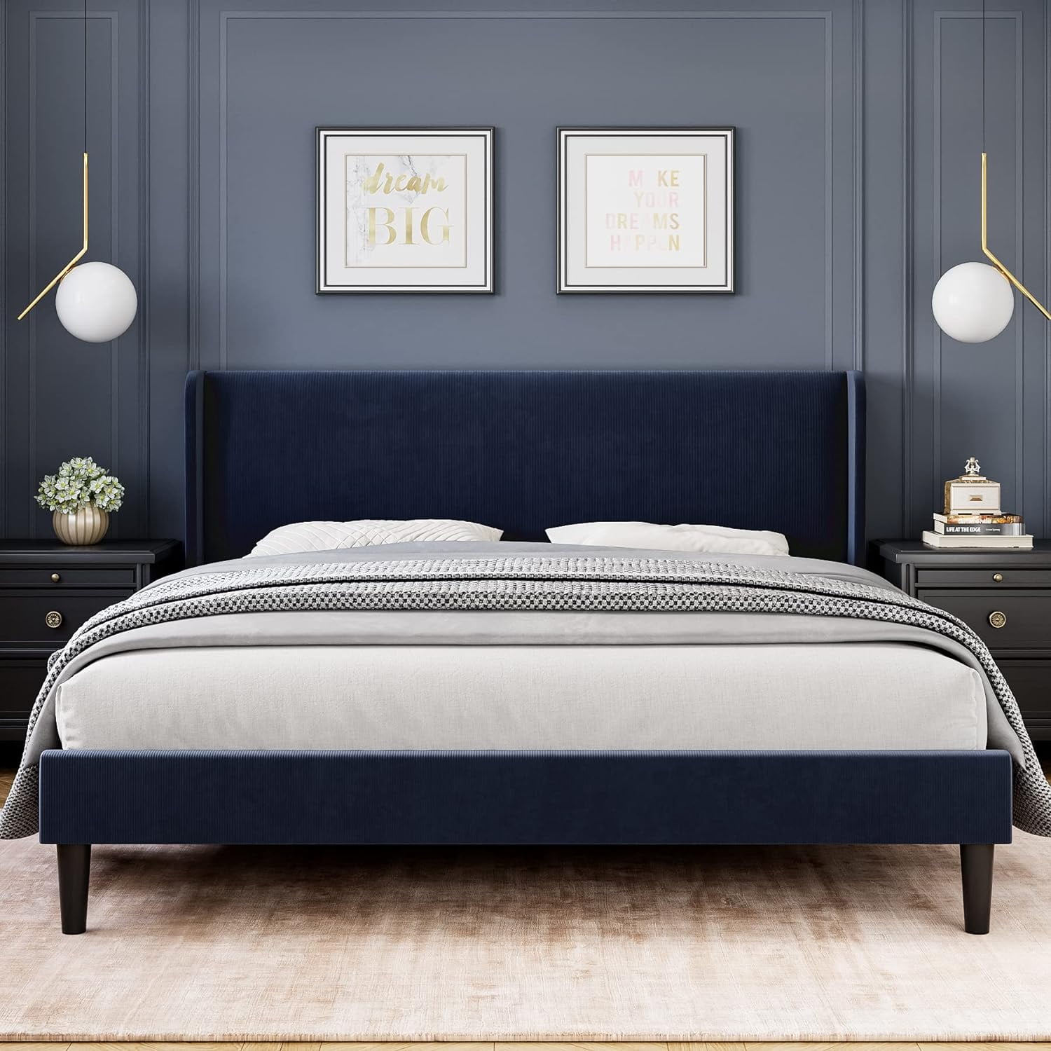 Senfot King Size Bed Frame,Upholstered Platform Bed with Wingback Headboard,Velvet Upholstered Bed Frame with 2 Storage Pockets,Strong Wooden Slat Support,Box Spring Optional,Easy Assembly,Light Gray
