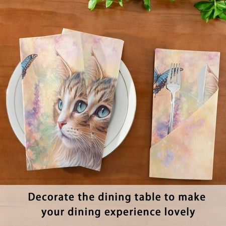 

BZSMCE Satin Native Fab Cotton Dinner Napkin Cat and Butterfly in Flowers Reusable