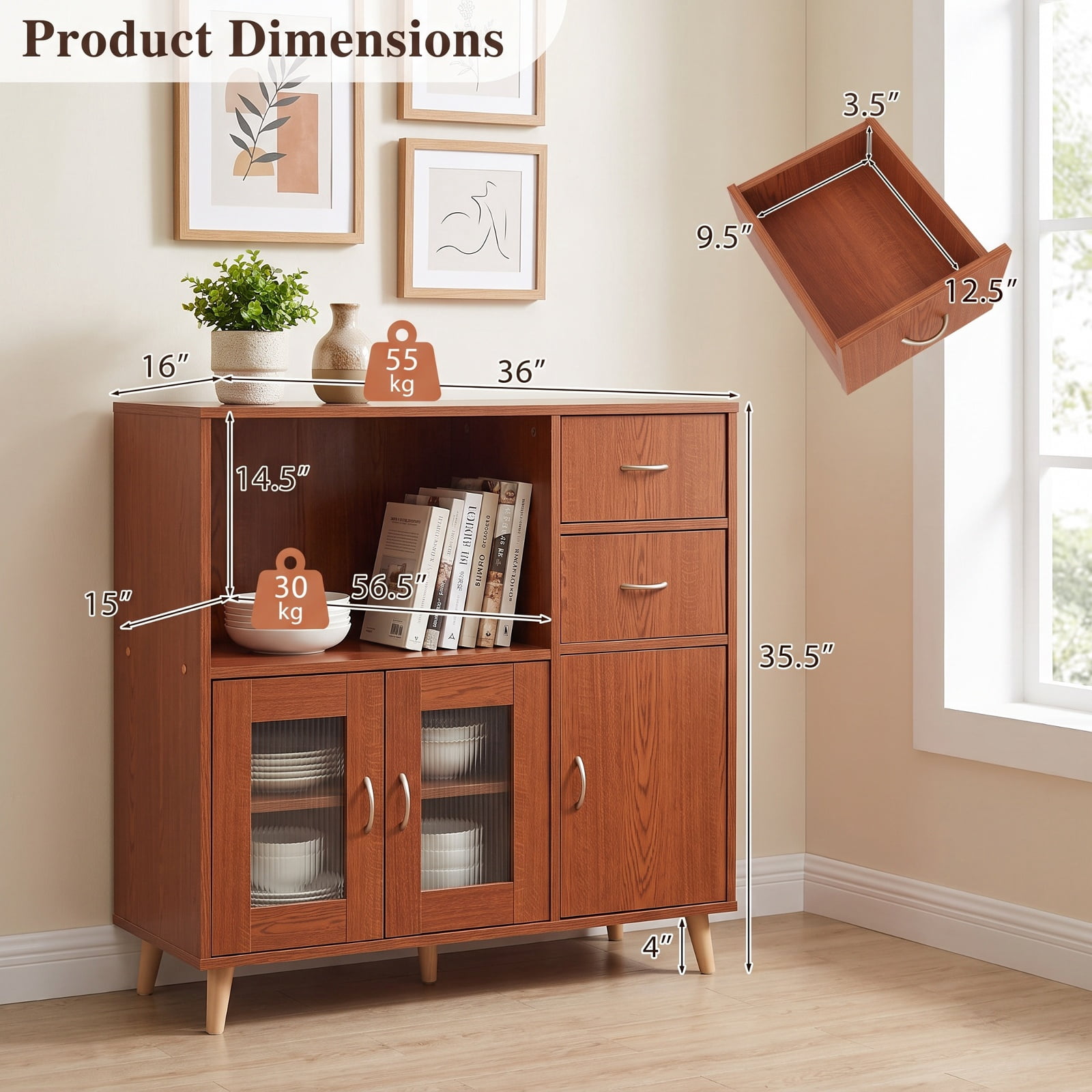Furnibear 36 Inch Sideboard Buffet Cabinet with Open Compartment for Kitchen Dining Living Room Buffet Storage Server, Brown