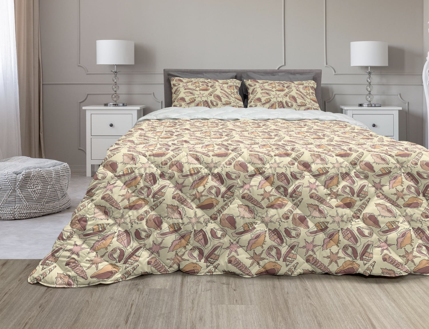 Shell Comforter & Sham Bedding Set, Abstract Design Different Seashells