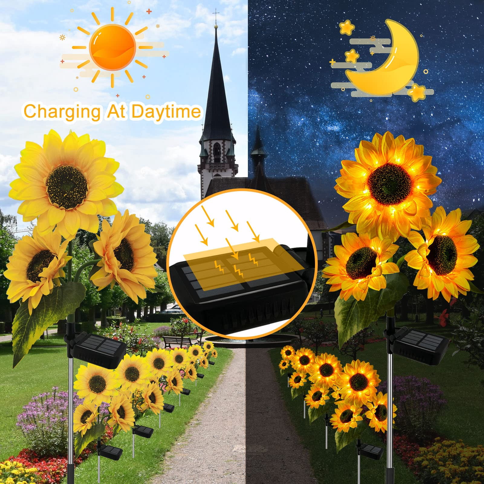 3 Head Solar-Powered Sunflower Lights - High - Simulation, IP44 Waterproof, Ideal for Outdoor Decoration,3 pack