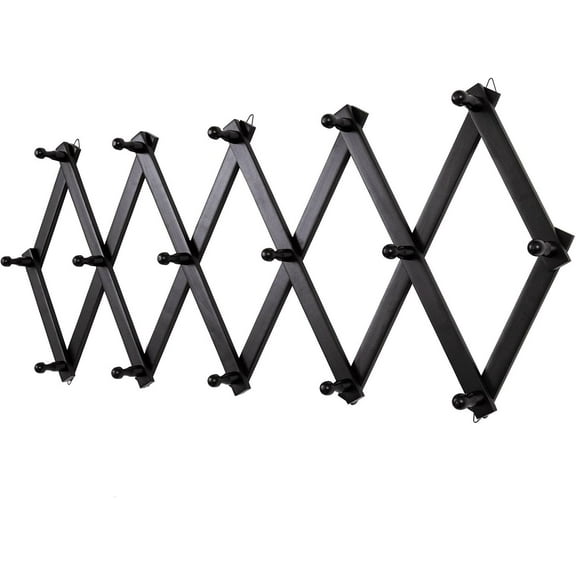 Wall Hanger with 16 Hooks, Wooden Wall Expandable Coat Rack for Coat, Hats, Baseball Caps, Coffee Mug, Jewelry(Black)