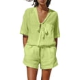 thumbnail image 2 of Linen Shorts Sets Women 2 Piece V Neck Breathable Loose Fit Outfits Summer Lounge Sets for Travel Beach Vacation Green S, 2 of 7