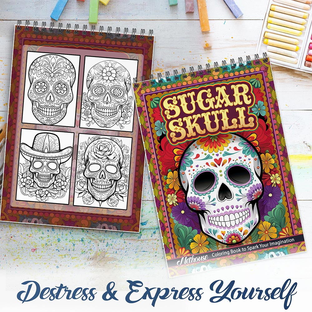NETHOUSE Sugar Skull Coloring Book For Adults Relaxation & Stress Relief, 30 Coloring Pages of Sugar Skulls, Vibrant Day of the Dead Designs, Floral Patterns, and Festive Skull Art