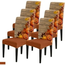 Thanksgiving Dining Chair Slipcover, Autumn Orange Pumpkin Maple Leaves Rustic Old Wooden Brown Stretch Covers Removable Parsons Protector for Kitchen Room Party, Set of 6