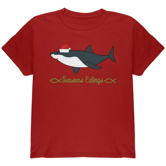 Christmas Shark Seasons Greetings Funny Pun Youth T Shirt Red YMD