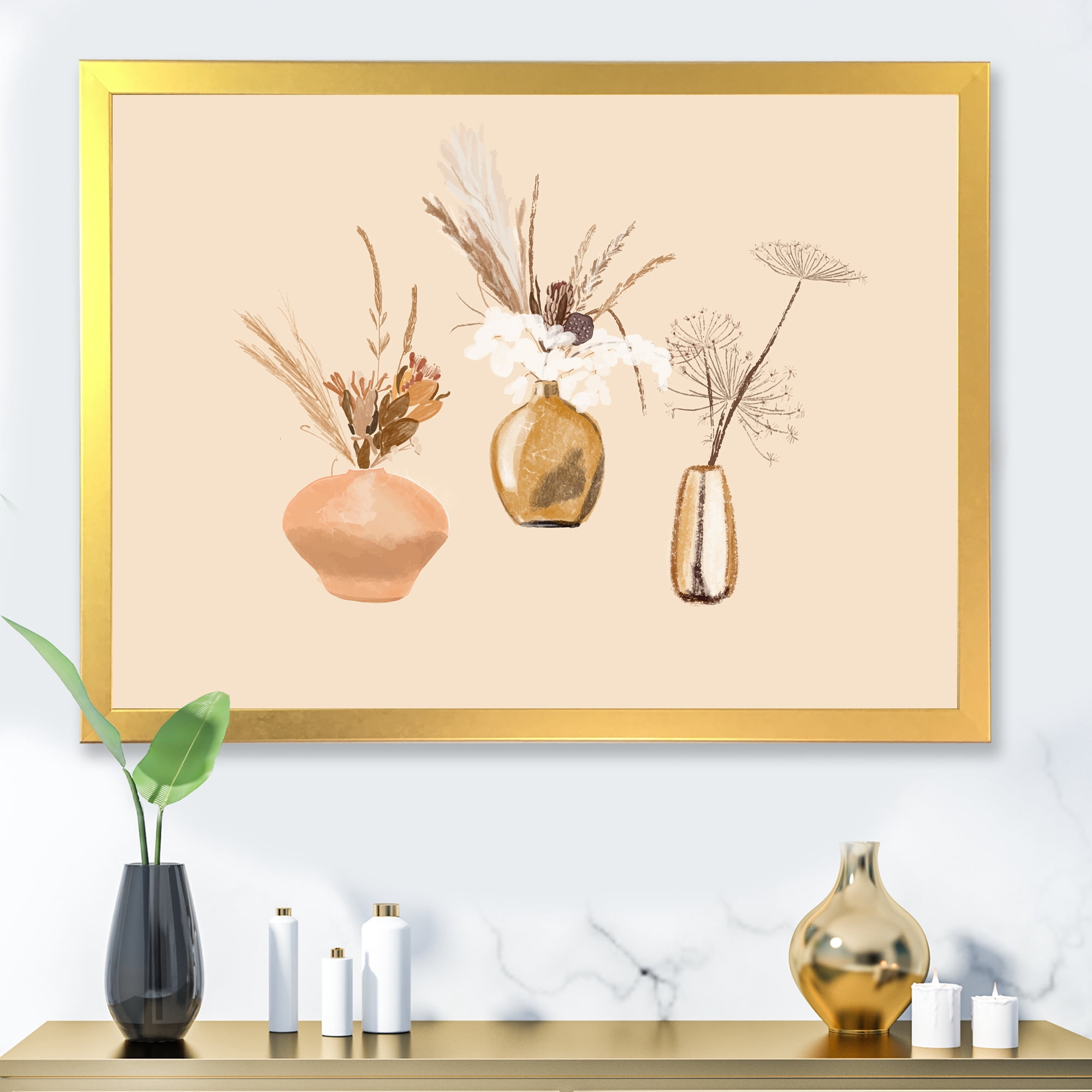 Designart 'Gold Vases With Bouquets Of Wildflowers I' Traditional Framed Art Print