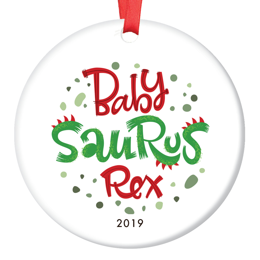 Baby's 1st Christmas Ornament Cute 2019 Baby Saurus T- Rex Holiday Keepsake Mommy & Daddy Infant Shower Welcome Newborn Birth Gift Idea Playful Dinosaur Illustration 3" Ceramic Decorations OR01287 - image 1 of 2