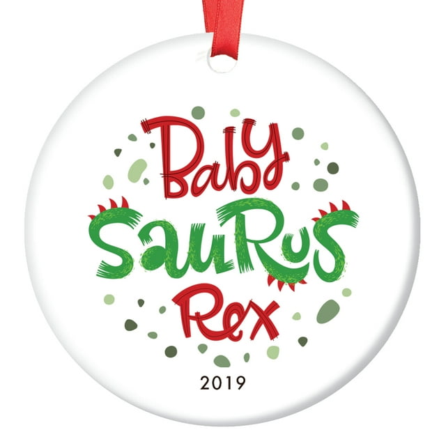 Baby's 1st Christmas Ornament Cute 2019 Baby Saurus T- Rex Holiday Keepsake Mommy & Daddy Infant Shower Welcome Newborn Birth Gift Idea Playful Dinosaur Illustration 3" Ceramic Decorations OR01287