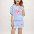 thumbnail image 2 of Piuwrlz Kids Outfit Set for Girls Summer Short Sets Printed Round Neck Tight Shirt T-Shirt and Shorts Set Sky Blue Size 7 Years, 2 of 9