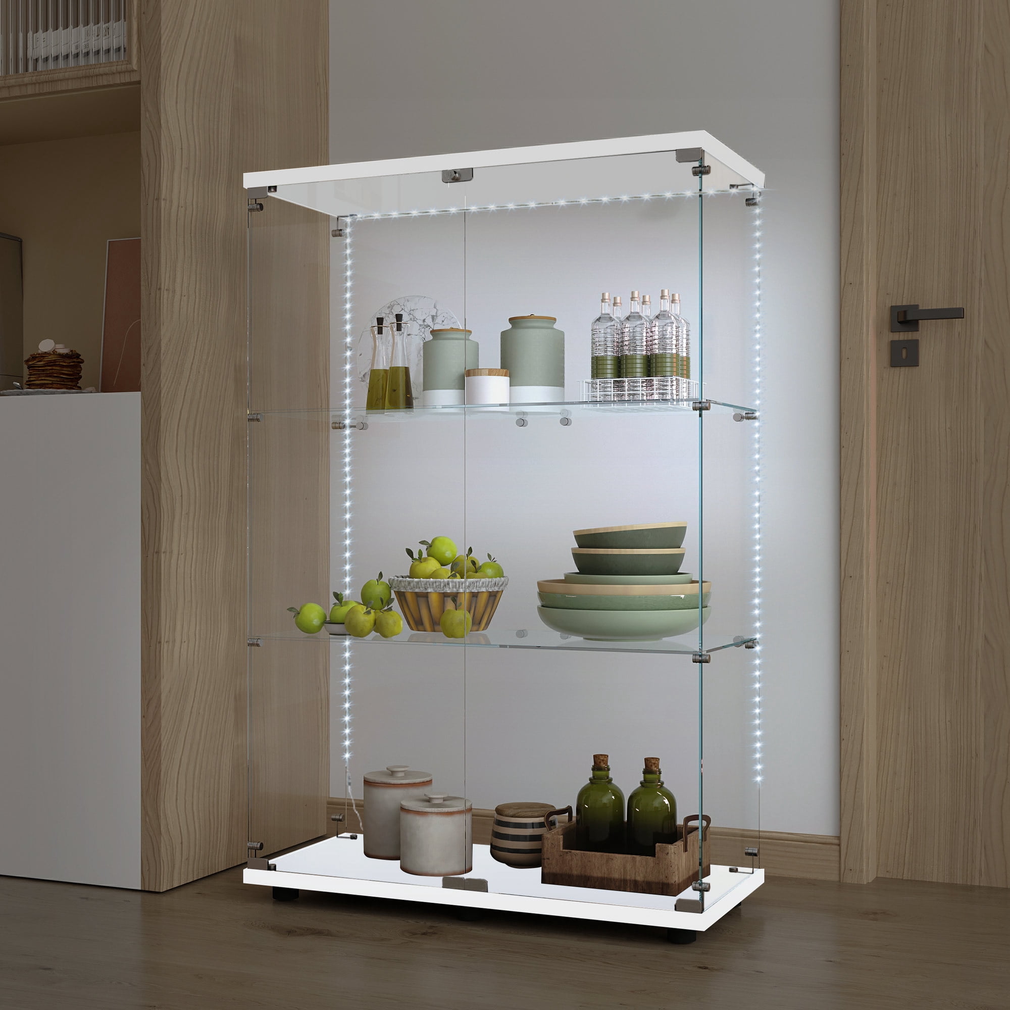 MAYEERTY 3 Tiers Glass Display Cabinet with Bluetooth LED Light Strip, Curio Storage Cabinet with 2 Door and Lock, Wood Top, White