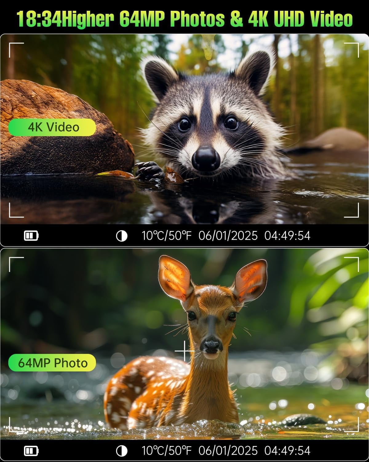 FKPCAM 4K 64MP Game Camera with 1.6W Solar Panel & Built-in Display - Hunting Camera with Night Vision, Waterproof Wildlife Trail Camera