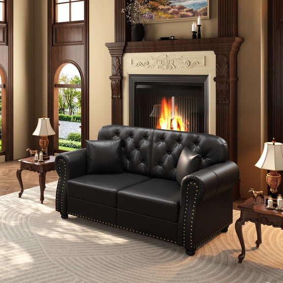 EHANCIS 63" Modern Leather Chesterfield Sofa 2-Seater with Rolled Arms, Nailhead Trim, High Resilience Cushion, and 2 Pillows for Living Room, Black