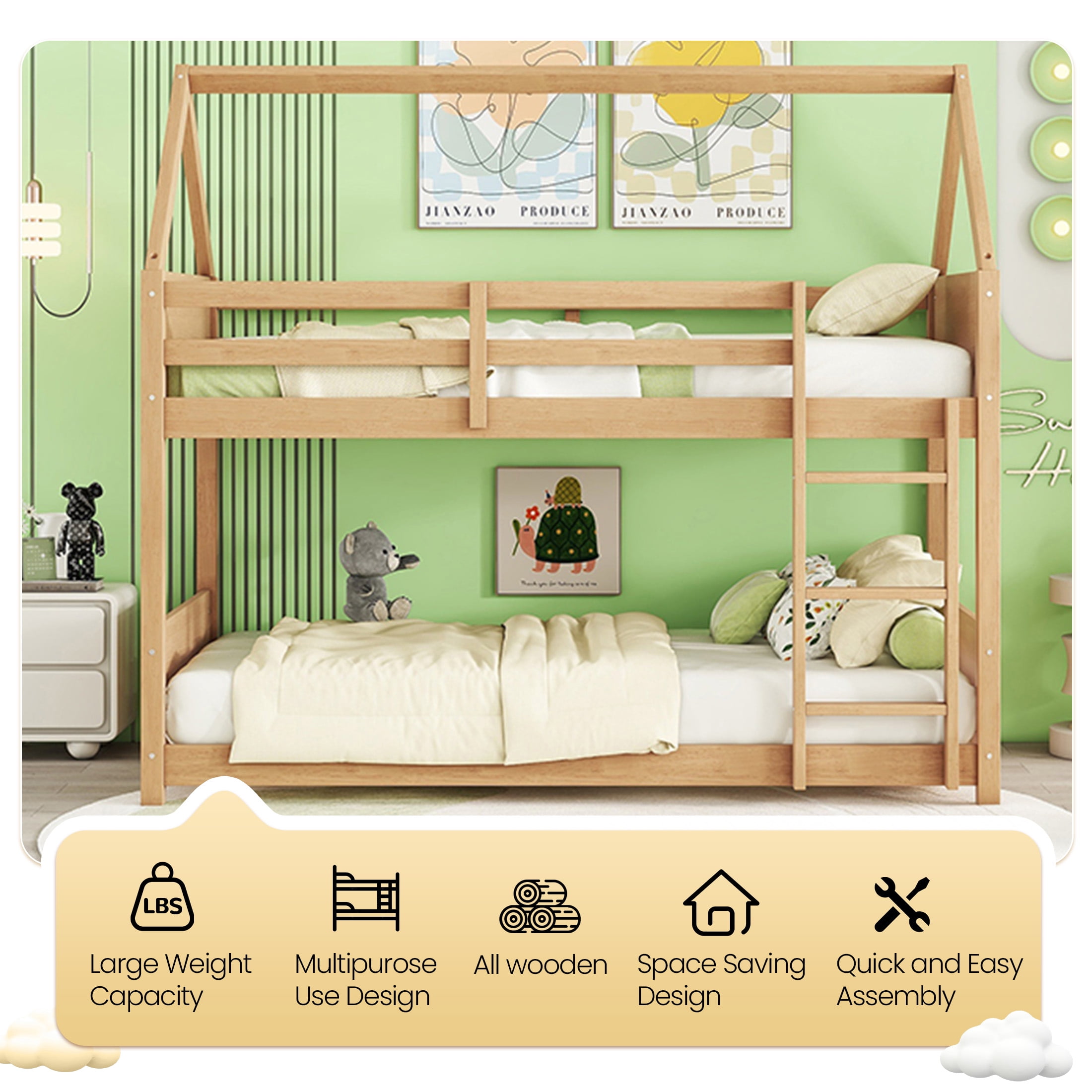 Aukfa Heavy Duty Junior House Bunk Bed with Full-Length Guardrail, Twin Over Twin Bunk Bed Frame, Oak
