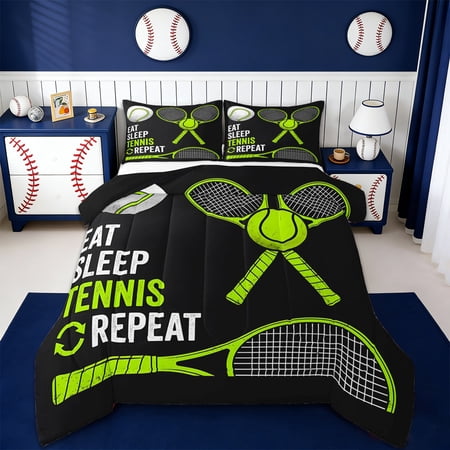 Erosebridal Tennis Sport Games Queen Comforter Set Green Tennis Racket Bedding Comforter Set For Boys Kids Reversible black 3pcs
