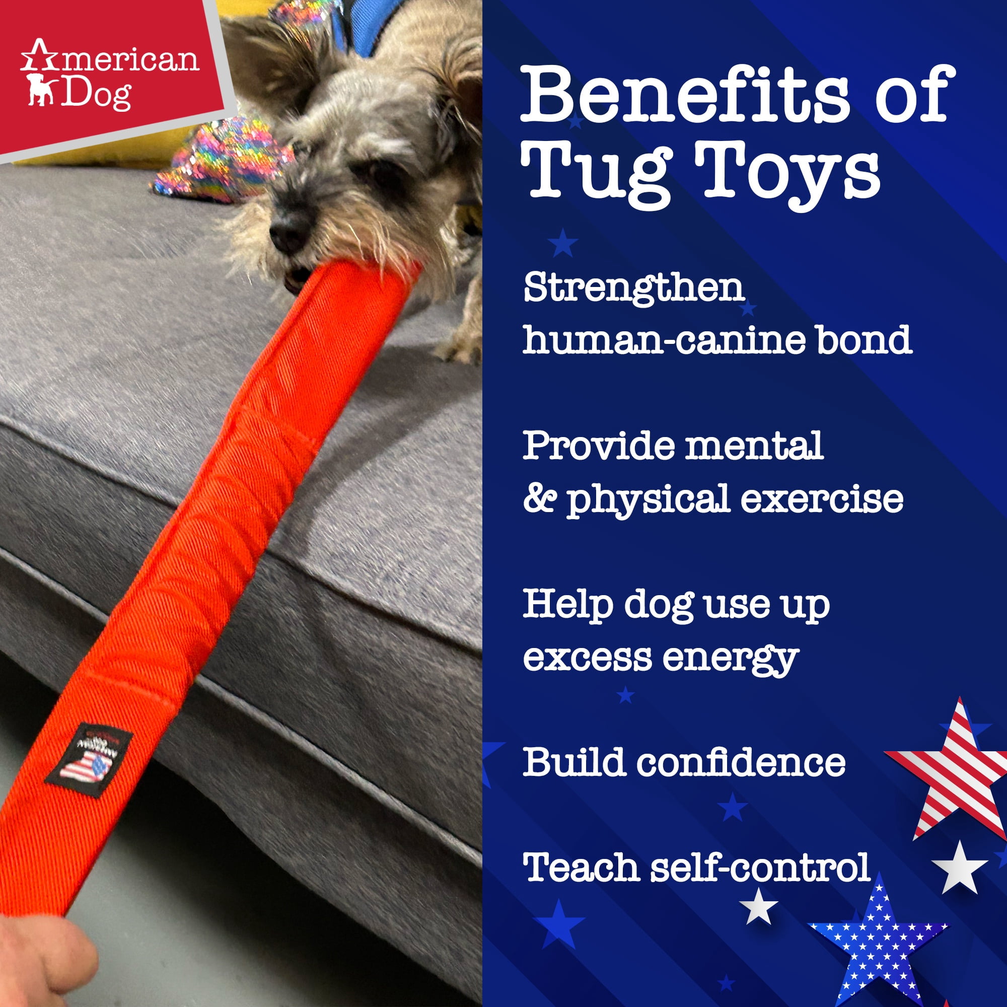 American Dog Double Bungee Tug – Durable Tug Dog Toy Made in USA from Pet-Safe, Machine-Washable 1680 Nylon Ballistic Material for Bonding, Play Time, Mental Stimulation, Exercise, Training, & More