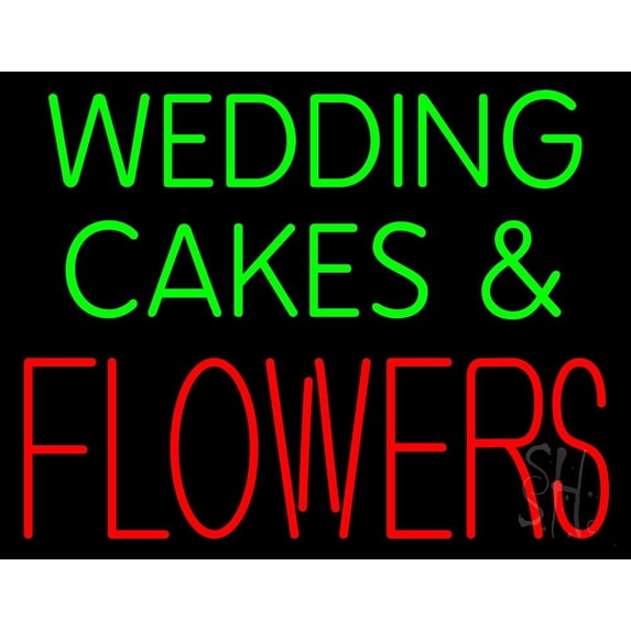 Green Wedding Cakes And Red Flowers LED Neon Sign 24" Tall x 31" Wide - inches, Black Square Cut Acrylic Backing, with Dimmer - Premium built indoor Sign for Storefront, Store interior.
