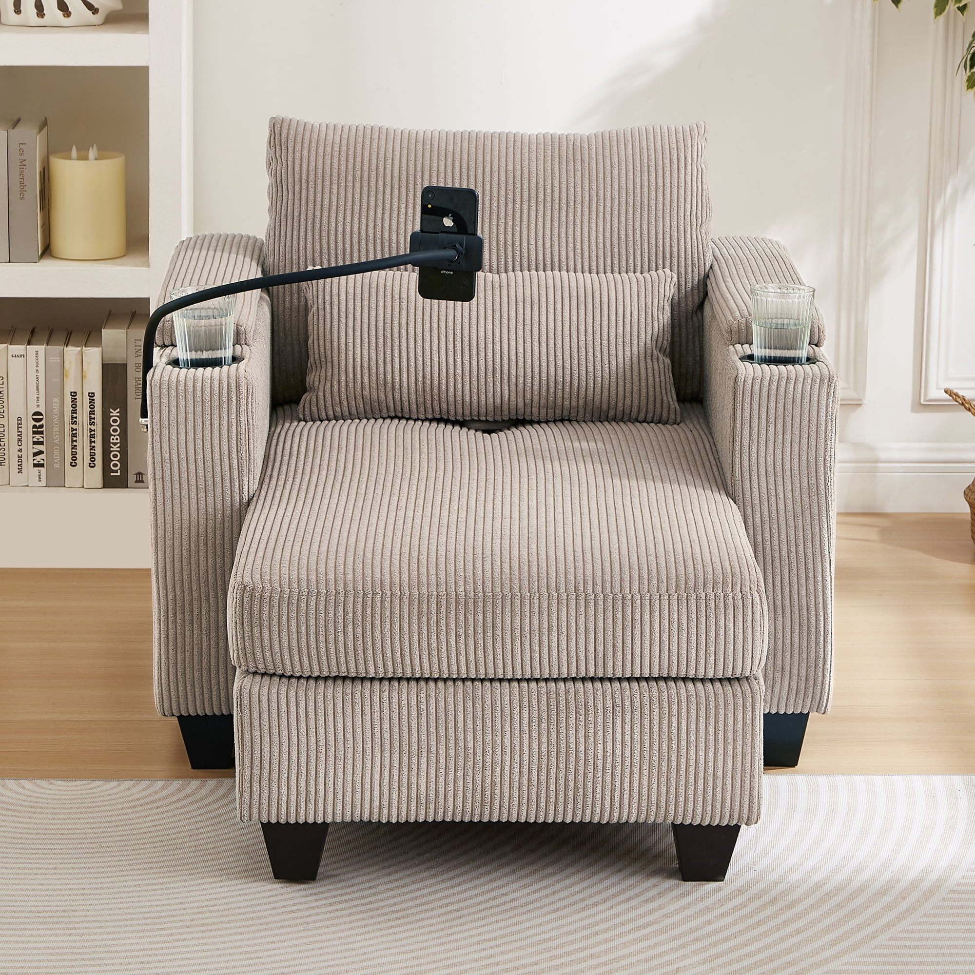 Euroco Convertible Sofa Chair with Chaise Lounge Extension, Hidden Armrest Storage, USB Charging Ports, Phone Holder & Cup Holders, Corduroy Fabric Recliner with Lumbar Pillow, for Small Spaces