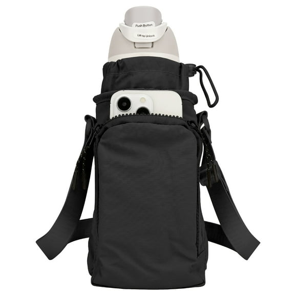Linkidea Water Bottle Carrier with Strap Compatible with Owala FreeSip 24oz/32oz, IRON FLASK Wide Mouth 32oz, Waterbottle Sling Bag Holder, Shoulder Strap with Phone Pocket (Black)