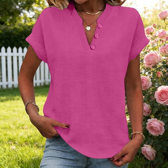Dxzfnsa Blouses for Women Fashionable Womens Loose V Neck Short Sleeve Shirts Summer Casual Basic Solid Color Buttons Pullover Tops