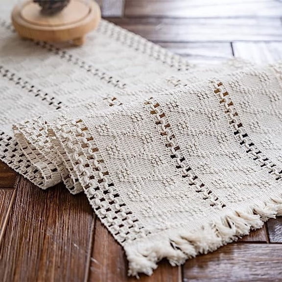 Namzi Macrame Table Runner Cream Beige Boho Table Runner with Tassels Hand Woven Cotton Table Runner Rustic Farmhouse Table Runner for Bohemian Kitchen Dining Table(12x71in)