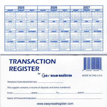 12 Checkbook registers with 2025-2026-2027 Calendars
