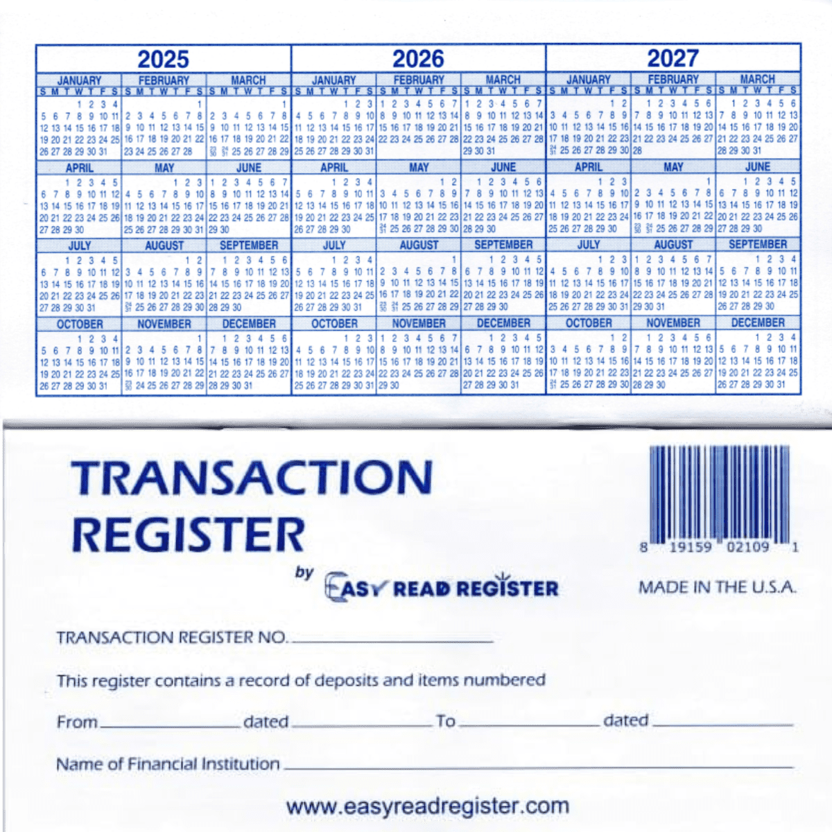 12 Checkbook registers with 2025-2026-2027 Calendars