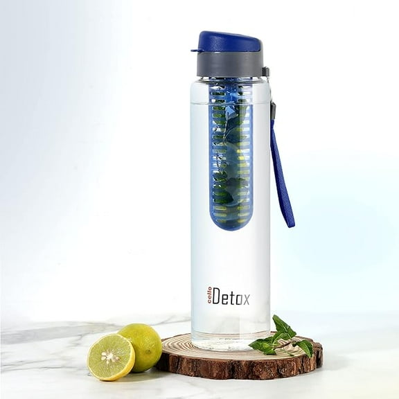 Cello Fruit Infuser Glass Water Bottle 750ml, Blue | Wide Sealed Flip-Top Cap, Leak-Proof, Durable
