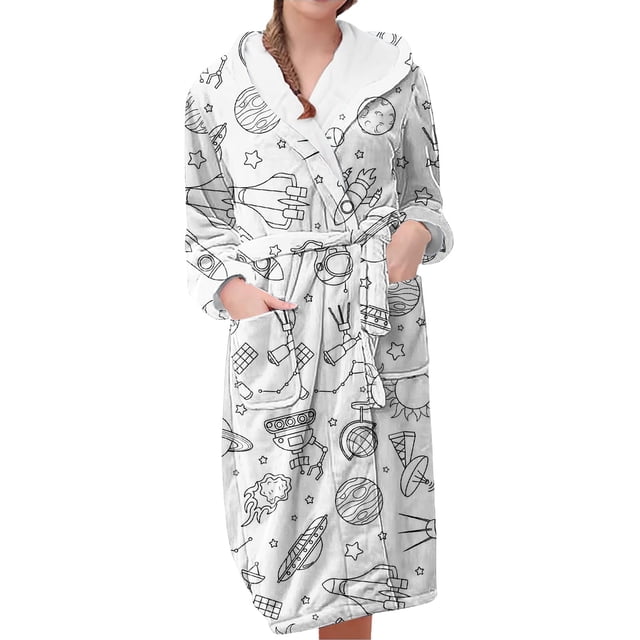 Women's Fleece Plush Robe Long Warm Plush Bathrobe Loungewear Jacket Printed Comfort Robe