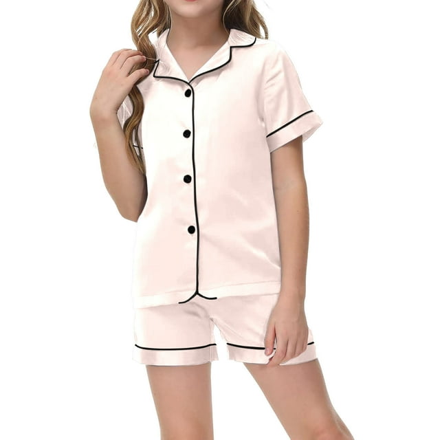 Pyjama en Soie pour Garçons, Manches Courtes, Chemise de Nuit Boutonnée et Pantalon, Ensemble de Pyjama 2 Pcs, Ensemble de Pyjama Mignon pour Tout-Petites Filles 2-3 Ans