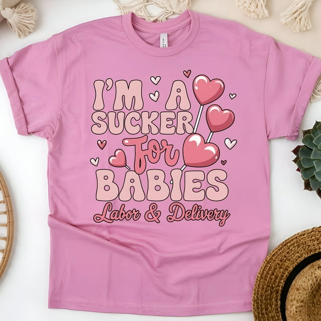 Women’s Graphic Tee with Heart Lollipop Design for Maternity Nurses, Azalea, Size M
