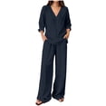 thumbnail image 2 of Bloomae Women's Loungewear Set 2 Piece Cotton Linen V Neck Long Sleeve Shirt & Wide Leg Pants with Pockets Lightweight Casual Solid Color Loose Fit Summer Outfit Navy XXL, 2 of 7