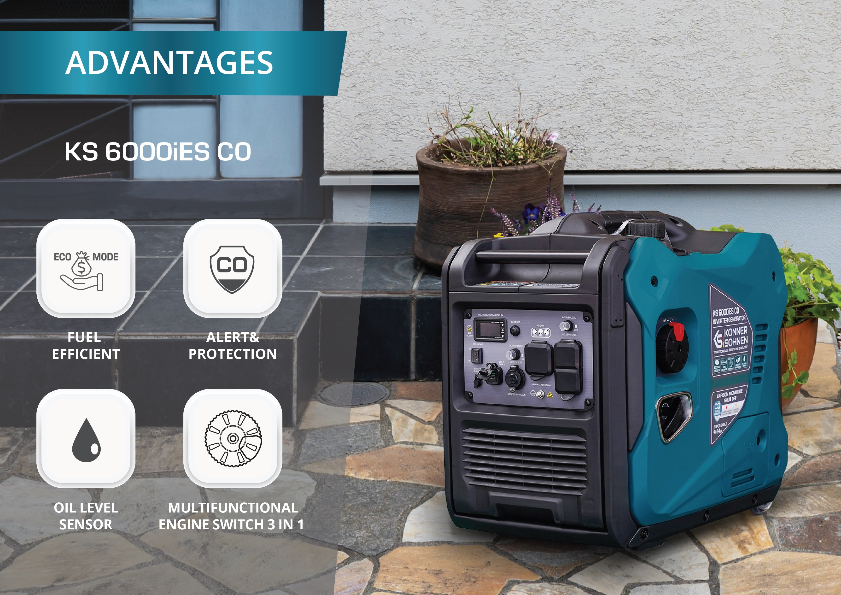 Konner & Sohnen Gasoline Inverter Generator 5500 Watt 120V Quiet CO Sensor Foldable Handle Wheels Multiple Outlets