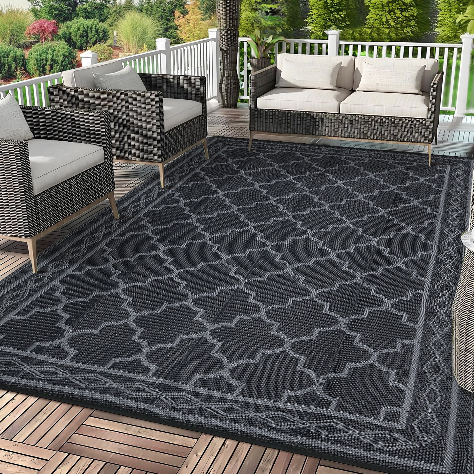 HOMERRY Geometric Moroccan Outdoor Rug Straw Plastic Area Rug for Balcony Pool RV Waterproof Reversible Carpet, Gray/Black, 9'x 18'