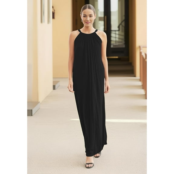 Cherryloom Women's Halter Maxi Dress With Bow Tie Closure In Black Cotton/Modal Blend Dress