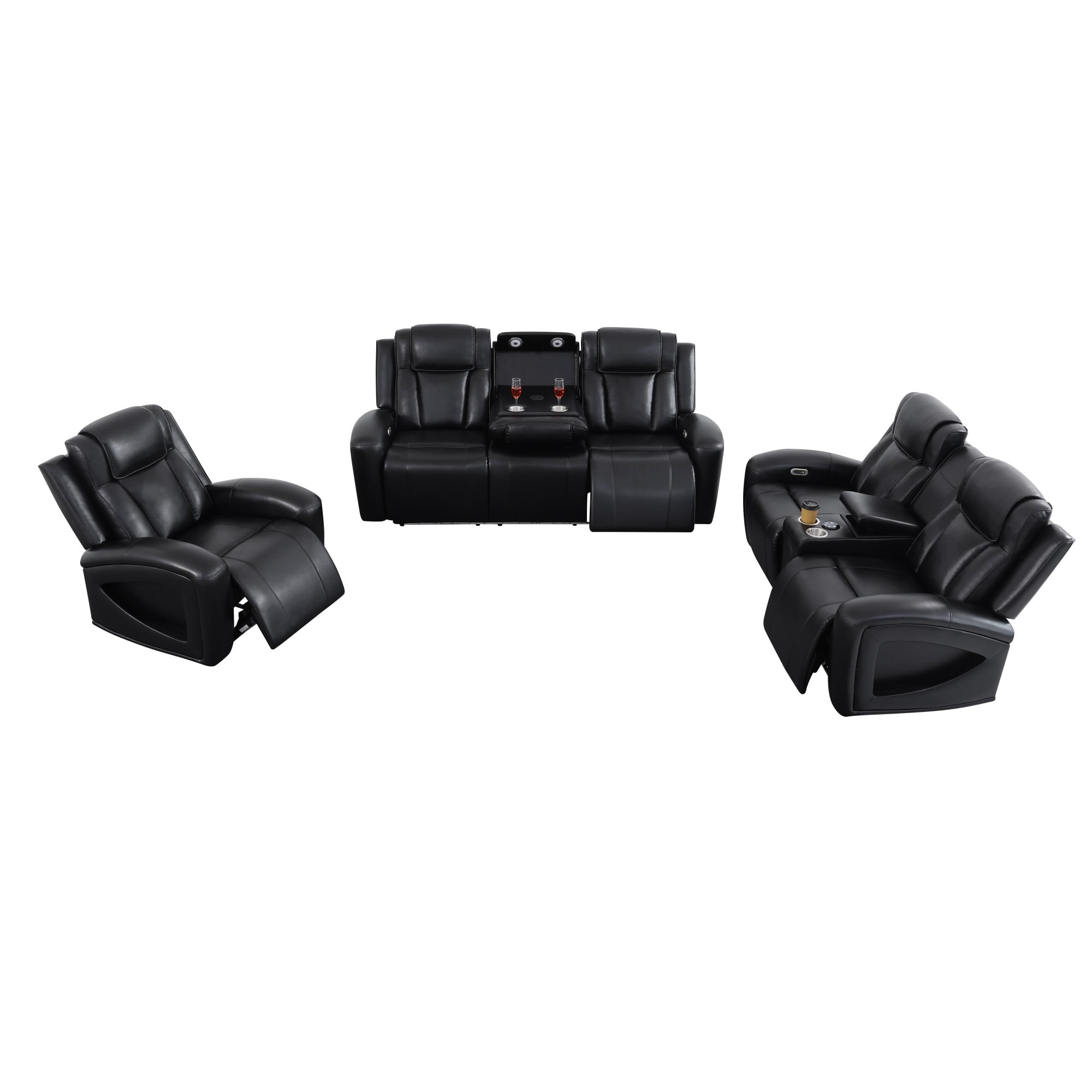 Gewnee 1+2+3 Piece Recliner Sofa Set, Air Leather Smart Sofa with Wireless Charging, Bluetooth Speaker, LED Light, Cup Holders & Storage, Adjustable Recline for Living Room, Black
