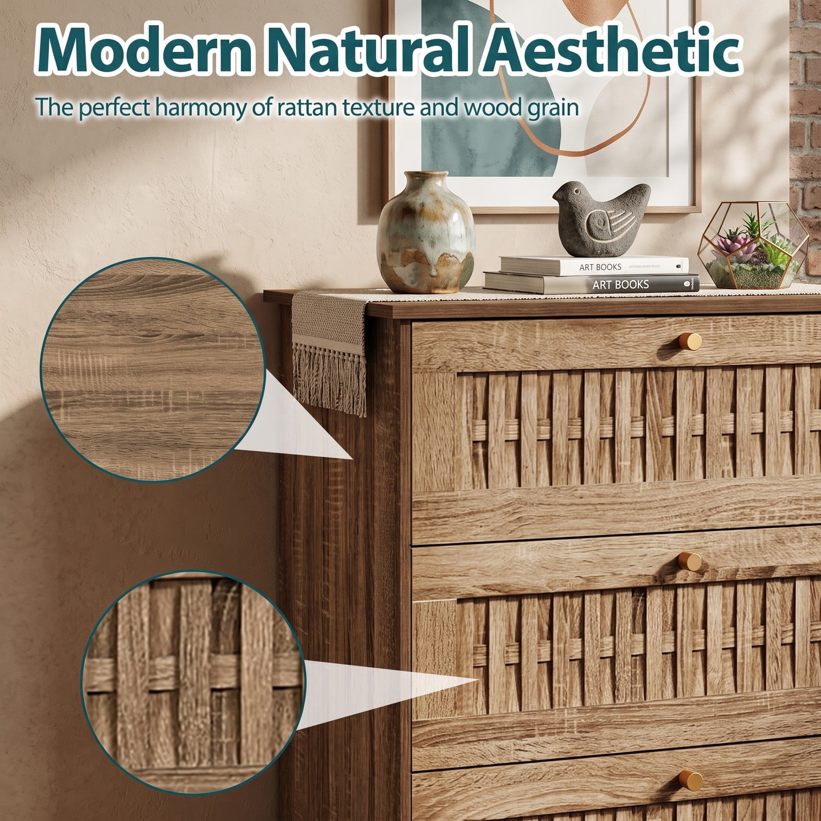 Furnibear 4-Drawer Dresser with Woven Rattan-Textured Fronts and Sturdy Metal Legs for Bedroom Living Room and Hallway Storage, Caramel Oak