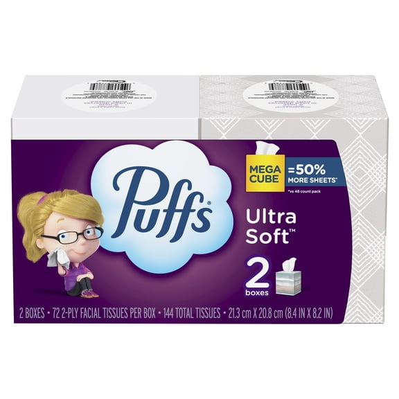 Puffs Ultra Soft Facial Tissues, 2 Mega Cube Box, 72 Facial Tissues Per Box