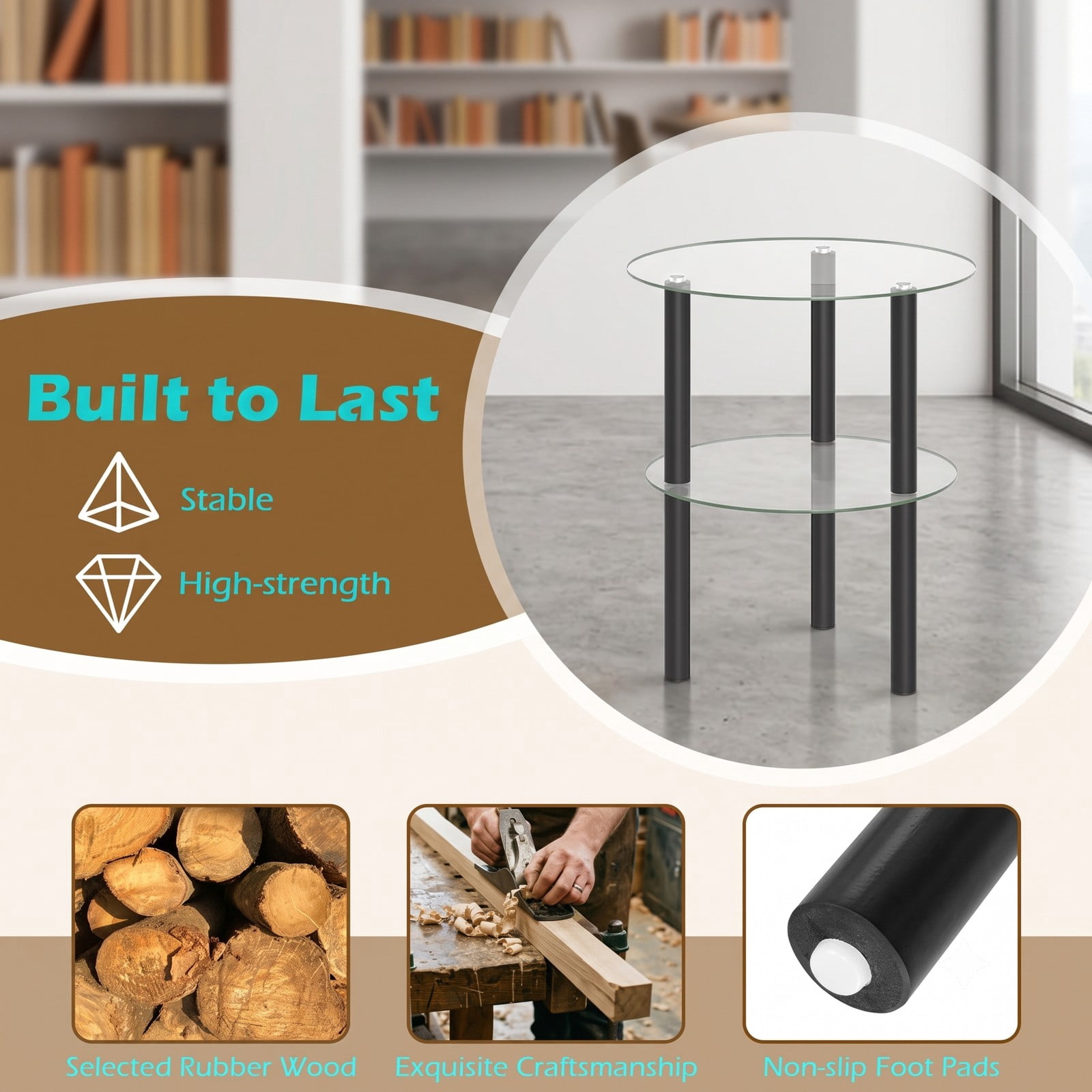 Furnibear 2-Tier Round End Table with Clear Tempered Glass Top and Storage Shelf, Rubber Wood Legs Side Sofa Nightstand for Living Room Bedroom, Black