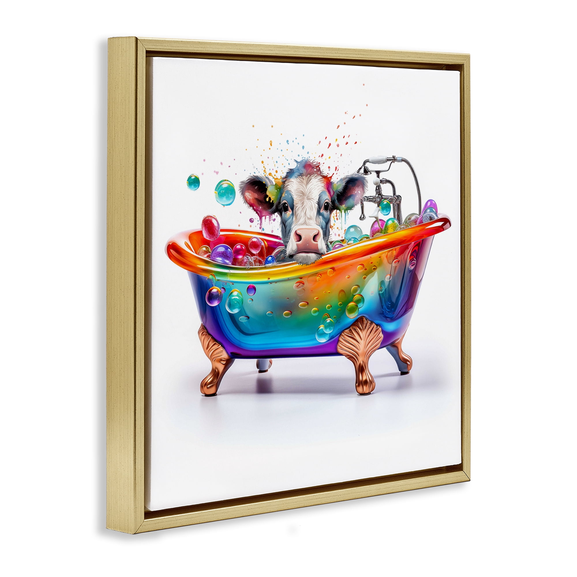 Stupell Industries Cow in Rainbow Bath Typography Painting Gold Floater Framed Canvas Art Print Wall Art, 18 x 18